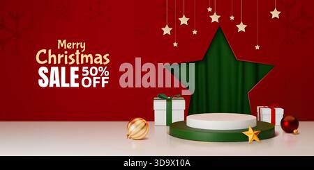 Weihnachtshintergrund. Merry Xmas 3D-Banner, Geschenk und leeres Podium. Grußkarte für Neujahr, Winterglühen. Sternentür, leere Plattform. Marketing A Stock Vektor