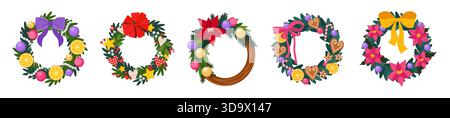 Weihnachtskranz. Circle Adventure Dekor, Kugeln-Baumgirlande oder runde Weihnachtsblumen-Rahmen Lebensmittel und Ast, Nadelbäume mit Band und Spielzeug. Vektor-Zeichentrickdesign isolierte dekorative Objekte Set Stock Vektor