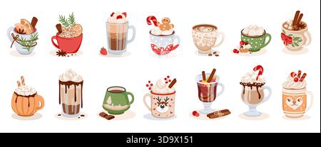 Weihnachtsbecher. Heißer Kakaobecher, Schokoladenkaffee oder Punsch-Cocktail mit Lebkuchen, Weihnachtsmuster, gemütliches Getränk mit Marshmallow. Vektor-Cartoon flache Art isolierte Illustration Set Stock Vektor