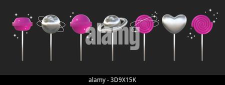 3D-Lutscher. Chromherz. Silberne futuristische Sphäre für Liebe oder Spielparty. Realistisches Plastik-Geburtstagsfunkel. Zuckerkerze im Stock. Glänzender Saturn. Folienherz-Behandlung. Süße Spirale. Vektorformen festgelegt Stock Vektor