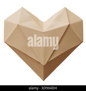 Geometrische Herzskulptur aus Pappe mit gefalteten eckigen Facetten isoliert auf weiß, Valentinstag-Konzept, 3D-Rendering Stockfoto