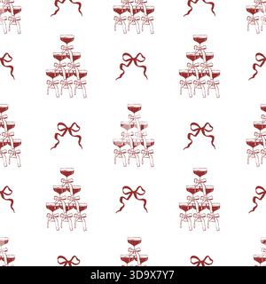 Ein nahtloses Muster mit skurrilen Cocktails, einem Glasturm und roten Bögen. Handgezeichneter Vintage-Hintergrund. Vektor-Umrissillustration für Hochzeiten, Valentinstag und Geburtstage Stock Vektor