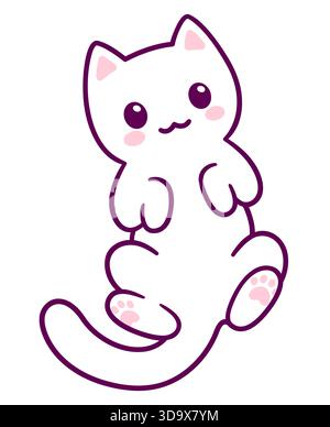 Niedliche weiße Karikaturkatze, die auf dem Rücken liegt und den Bauch zeigt. Einfache Zeichnung, Vektorgrafik Illustration. Stock Vektor