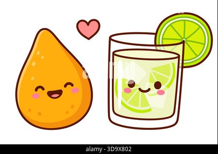 Traditionelles brasilianisches Coxinha- und Caipirinha-Paar, nationale Speisen und Getränke in Brasilien. Kawaii Gesichter und süßes Herz. Illustration des Zeichentrickvektors. Stock Vektor