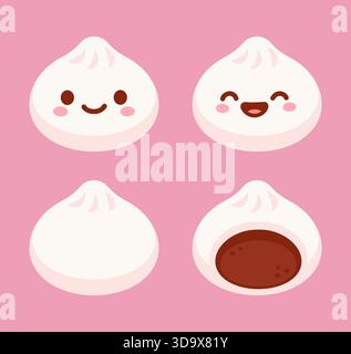 Baozi, Dim Sum, xiaolongbao. Traditionelle chinesische Teigtaschen mit Kawaii-Gesicht und Querschnitt mit Füllung. Asiatische Lebensmittel Vektor-Illustration. Stock Vektor