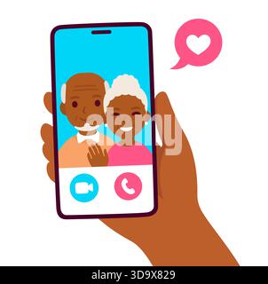 Videoanruf mit Großeltern oder älteren Eltern. Hand hält Smartphone mit schwarzem älterem Paar auf dem Bildschirm. Einfache und süße flache Cartoon-Vektor-Illustration Stock Vektor