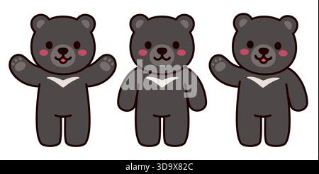 Einfacher und süßer asiatischer Schwarzbär (Mondbär) stehend und winkend. Kawaii-Zeichensatz. Flache Vektor-Stil Cartoon Illustration. Stock Vektor