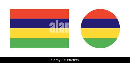 Mauritius Flaggensymbole gesetzt. Runde, rechteckige Abzeichen der mauritischen Nationalflagge. Flagge des Mauritius-Kreises, rechteckige Abzeichen. Hintergrund markieren. Stock Vektor