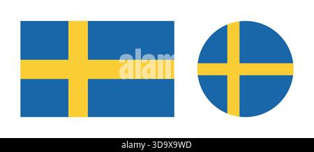 Nationalflagge Schwedens. Satz von Kreis- und Rechtecksymbolen. Schwedische abgerundete, rechteckige Flaggen in flachem Stil. Stock Vektor
