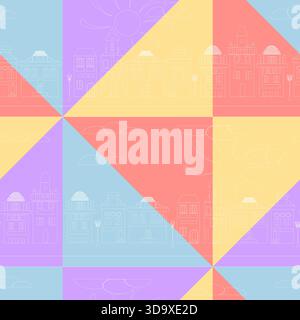 Ein Muster auf einem hellen mehrfarbigen Hintergrund mit den Umrissen niedriger Häuser darauf Stock Vektor