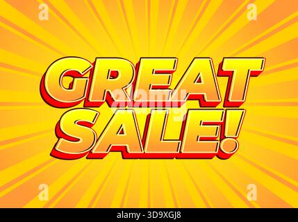 Eine lebendige Grafik mit auffälligem Text mit der Aufschrift „Great Sale“! Vor einem hellgelben Hintergrund mit strahlenden Linien. Stock Vektor