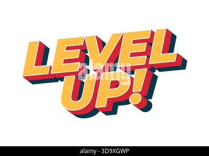 Farbenfrohe 3D-Textgrafik mit der AUFSCHRIFT „LEVEL UP“! Im Retro-Stil. Stock Vektor