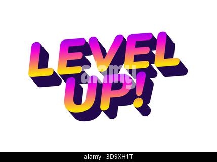 Farbenfroher 3D-Text mit der AUFSCHRIFT „LEVEL UP“! Mit einem Verlaufseffekt, geeignet für Spiele oder Motivationsthemen. Stock Vektor