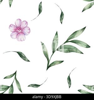 Zarte rosafarbene Kosmos-Blüten mit grünen Zweigen in nahtlosem Aquarellmuster. Das luftige und feminine botanische Design ist handgezeichnet auf weißem Hintergrund. Für Frühjahrtapeten, Stoffdrucke, Hochzeitsdekor Stockfoto