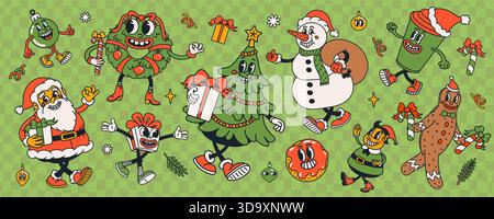 Weihnachtsfigur mit groovigen Zeichentrickfiguren und festlichen Ikonen auf grünem kariertem Hintergrund. Weihnachtsfigur Vektor-Illustration Stock Vektor