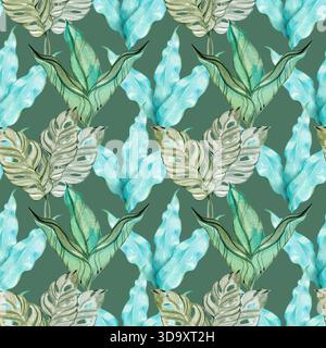 Tropische Blätter in Aquarellfarben mit exotischem Laub. Weiche grüne und blaue Blätter sorgen für ein frisches botanisches Design für Stoff- und Geschenkpapier Stockfoto