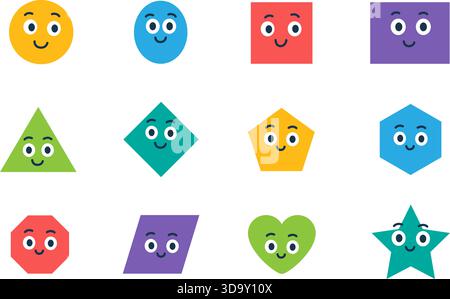 Lächelnde geometrische Cartoon-Formen mit niedlichen Gesichtern in flachem Stil. Farbenfrohes Vektordesign für Kinder, die Grundlagen der Geometrie lernen Stock Vektor
