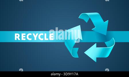 Lebendiges 3D-Recycling-Symbol und RECYCLING-Text auf blauem Hintergrund für umweltfreundliche Konzepte. Vektorabbildung Stock Vektor