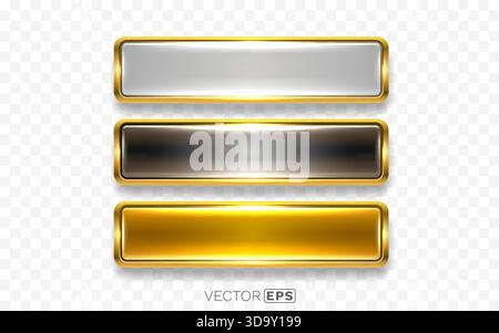 Glänzende Metallknöpfe mit goldenen Rahmen in Silber-, Schwarz- und Goldfarben für Webdesign. Vektorabbildung Stock Vektor
