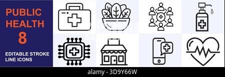 Public Health Bearbeitbare Konturlinien-Symbole Festgelegt Stock Vektor