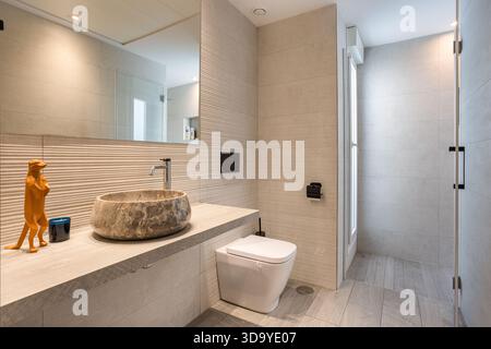 Stilvolles, modernes Bad mit Steinwaschbecken, großem Spiegel und ebenerdiger Dusche Stockfoto