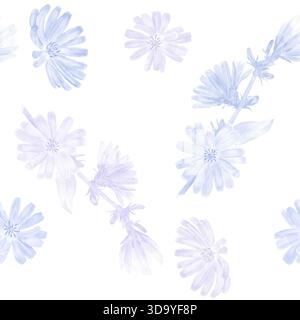 Nahtloses Muster mit pastellblauen und rosa Zichorienblüten, Aquarellillustration auf einem isolierten Hintergrund. Zarte florale Clipkunst aus gebleichtem Fl Stockfoto