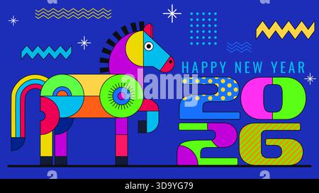 Neujahr 2026. Geometrisches Farbenfrohes Pferd. Moderner Abstrakter Feiertagshintergrund Stock Vektor