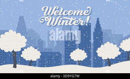 Willkommen Winter Stadtbild Illustration mit Schnee und Bäumen Stock Vektor