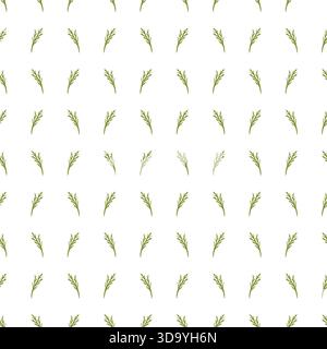Nahtloses Muster mit kleinen grünen botanischen Zweigen, die in einem klaren, sich wiederholenden Layout auf weißem Hintergrund angeordnet sind. Ideal für Textilien, Verpackungen, Tapeten und Dekor. Stock Vektor