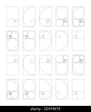 Vorlage für vertikale goldene Verhältnisse mit harmonischen Proportionen. Satz von Fibonacci-Zahlen. Fibonacci-Array. Stock Vektor