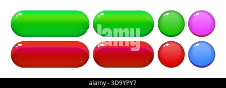 Glänzende, farbenfrohe UI-Tasten und -Kugeln mit hellen Highlights und Reflexionen im Farbverlauf für die Spieloberfläche Stock Vektor