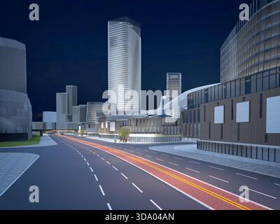 3D-Gebäude in der Stadt bei Nacht Stockfoto