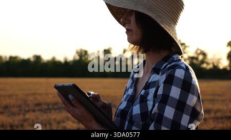 Agrostomistin im Strohhut, die die Ernte auf dem Gerstenfeld bei Sonnenuntergang überwacht. Erwachsener Landwirt mit digitaler Tablette auf Weizenwiese in der Abenddämmerung. Schön Stockfoto