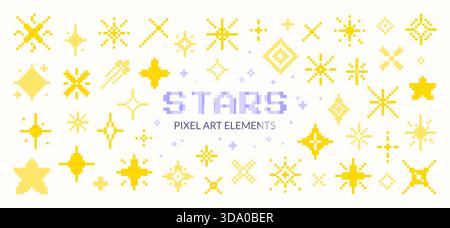Pixel Art Gelbe Sterne. Retro-Clip-Art-Set. Stock Vektor