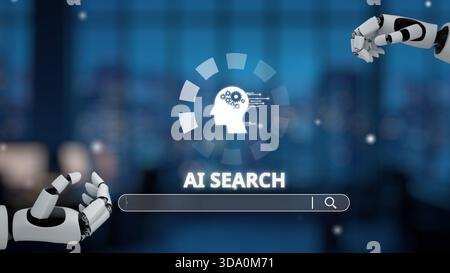 Eine visuell anschauliche Illustration, die das Konzept der Suche nach künstlicher Intelligenz mit Roboterhänden und einer Visualisierung des menschlichen Gehirns darstellt Stockfoto