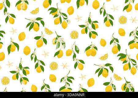 Nahtloses Zitronen-Muster. Verschiedene Blütenzweige botanischer grenzenloser Hintergrund. Dekorative Früchte saftige Zitrusfrüchte endlos strukturiertes Design für Papierdruck, Stoff Textil, Geschenkpapier Hintergrund Vorlage Stock Vektor