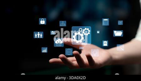 Ein Konzept des Geschäftsbetriebs und der Integration von Unternehmenssystemen. Die Komponenten eines Unternehmens, einschließlich Sicherheit, Daten und Cloud-Infrastruktur Stockfoto