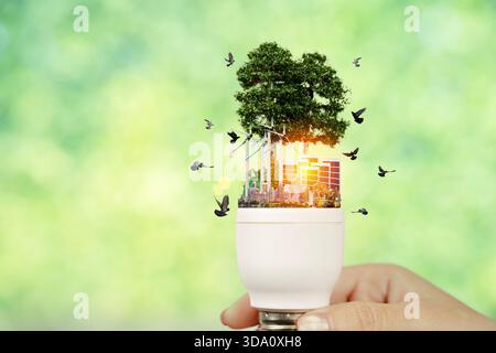 Kreatives Konzept City Inside Glühbirne mit Baumvögeln und Windturbinen repräsentieren nachhaltige erneuerbare Energien umweltfreundliche Stadtentwicklung Stockfoto
