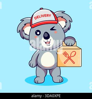 Niedliches Koala Lieferung Maskottchen mit Lebensmittel Paket Vektor Illustration Cartoon Kawaii Stil Stock Vektor