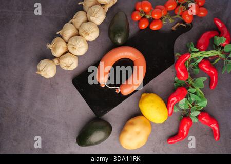 Frische Wurst und Gemüse auf einem Schneidebrett Stockfoto