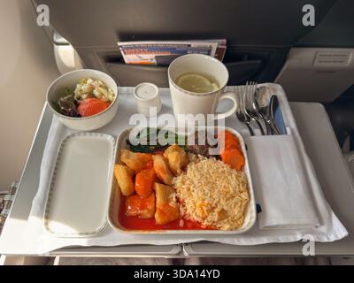 Penang, Malaysia - 28. April 2025: Ein Essenstablett mit Reis, Gemüse, Salat und einem Getränk ist auf einem Flugzeugsitz sichtbar. Gabel und Messer sind Plac Stockfoto