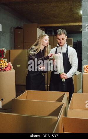 Die Arbeiter organisieren die Tulpensendungen sorgfältig, die Mitarbeiter bereiten die Tulpen sorgfältig für den Lieferprozess vor, alle Arbeiter montieren und versiegeln die Blüten sorgfältig Stockfoto