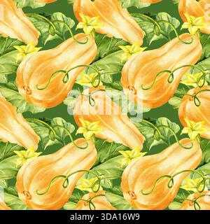 Aquarellfarben reife beige Kürbisse mit grünen Blättern, Stängeln und gelben Blüten, nahtloses Muster, Herbstlese-Illustration, handgezeichnete Skizze, für Hall Stockfoto