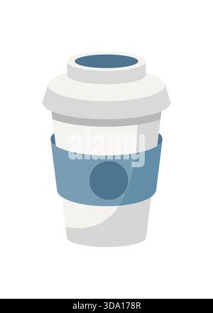 Kaffeepapierbecher Design, Zeichentricksymbol isoliert auf weißem Hintergrund. Coffee to Go, Take-away-Konzept. Weißes Glas mit blauem Etikett. Vektorabbildung Stock Vektor