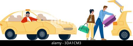 Ein Taxifahrer wartet, während ein Paar das Gepäck in den Kofferraum lädt Stock Vektor