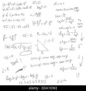Schulmathematik-Formeln, Schwarzweiß-Skizze. Vektorabbildung. Trigonometrische und algebraische Gleichungen, logarithmische Gleichungen, isoliert auf einem weißen b Stock Vektor