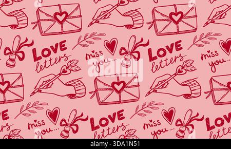 Love Letter Vektor nahtloses Muster mit Umschlag und Herz in Doodle Sketch Stil mit Hand gezeichneter Linie Kunst. Rot auf Rosa sorgt für einen romantischen Look für das valentinstag-Design. Schön für süßen Kartenhintergrund. Stock Vektor