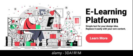Santa Claus Weihnachten e-Learning Konzept Arbeitsplatz festliche Geschenke dekoriert Baum modernes Büro Computer Bücher Urlaub Thema Website Banner Stock Vektor
