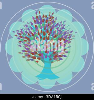 Abstrakte Illustration eines bunten Baumes mit tropfenförmigen Blättern, umgeben von konzentrischen Kreisen auf einem weichen blauen Hintergrund; modern, lebendig, A Stock Vektor
