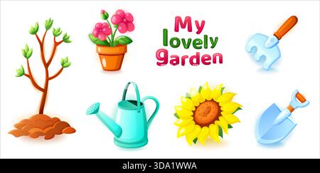 Niedliche bunte Vektor-Set von Gartensymbolen einschließlich Pflanzen, Werkzeuge, Gießkanne und Blumen. Isoliert auf weißem Hintergrund. Perfekt für Kinder Stock Vektor